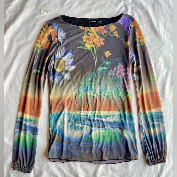 Desigual XS Floral Tiger Mesh Long Sleeve Top L/S - Picture 1 of 3